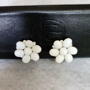 Vintage White Beaded Clip On Earrings-Germany